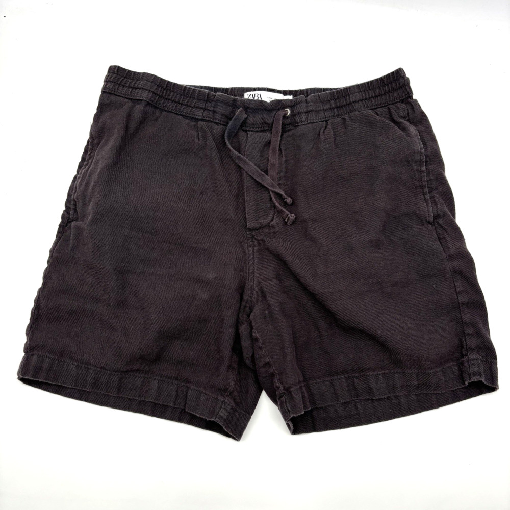 ZARA Chocolate Brown Linen Mid Rise Drawstring Slash Pocket Shorts M 31x5.5"